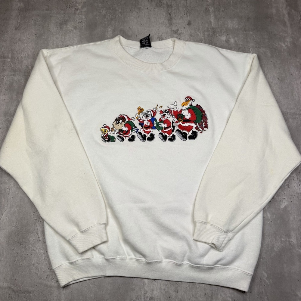 Vintage Warner Bros Studio Looney Tunes Christmas Sweatshirt White Taz Small